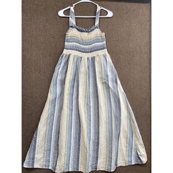 Artisan Dresses & Skirts - artisan ny linen smocked sun dress blue stripe size small midi